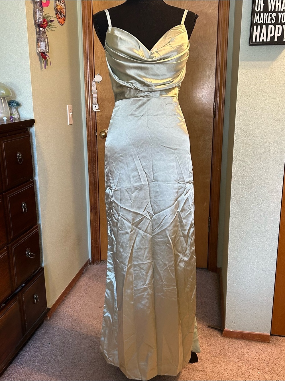 Light green satin spaghetti strap formal dress lace up back and side slits 0